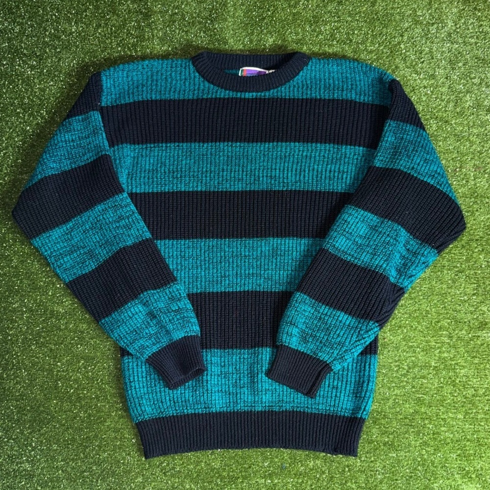 Vintage Sweater Graphix Mens XL Striped Crewneck Sweater Teal Black Acrylic Knit